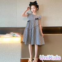 【UniKids】中大童裝飛袖洋裝 韓版蝴蝶結格紋連身裙 女大童裝 VPMKBB(黑白)