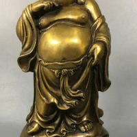 9" China Pure Bronze Stand Smile Happy Laugh Maitreya Buddha Money Bag Statue