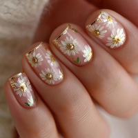 Short Square Gold French Fake Nails 24Pcs Spring and Summer Press On Nails White Flower Printed Nude