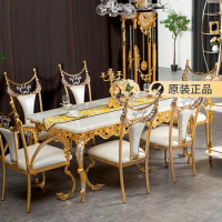 Natural Marble Dining Table European Classical Dining Table Dining Chair Combination Villa Hollow Carved Design Rectangular