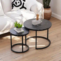 Black Nesting Coffee Table Set of 2, 23.6" Round Coffee Table Wood Grain Top with Adjustable Non-Slip Feet, Industrial En