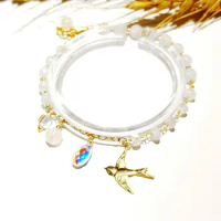Lii Ji Aurora Natural Moonstone Austrian Crystal Drop Charm American 14K Gold Filled Peace Dove Charm Bracelet 17cm+3cm