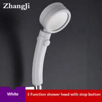High Pressure 3 Function Shower Head with Switch ABS White Handle Rain Shower Waterfall Bathroom Accessories with Holder Hose