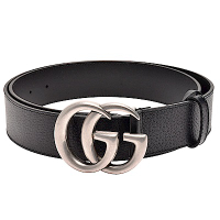 GUCCI 古馳 經典仿舊銀色金屬雙G LOGO牛皮釦式腰帶/皮帶(黑)
