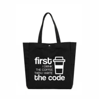 Drink Coffee Write Code Letters Printed Women Tote Bag Gift for Coffee Lovers Student School Book Bag Work Bag Large Capacity