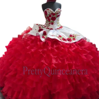 Mexican Style White and Red Ruffles Quinceanera Dress With Sleeveless Buttons Train Vestido 15 Quinceañera