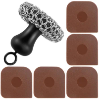 New Cast Iron Scrubber with 5 Scraper Set Cast Iron Pan Cleaner Heat Resistant Cast Iron Chainmail Scrubber with Silicone Handle