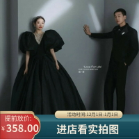 影樓婚紗情侶主題攝影服裝時尚復古泡泡袖黑色緞面拖尾拍照禮服