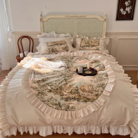 Vintage Nordic Pastoral Artistic 100% Cotton Ruffles 4Pcs Bedding Set Plant Pattern Quilt Cover Bed Skirt Bed Linen Pillow Shams