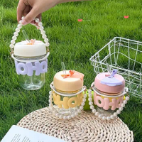 350ml Cute Glass Double Drinking Water Bottle Portable Straw Sports Cup Kettle Travel Canteen With Detachable Pearl Handle