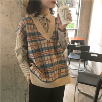 秋裝網紅復古格紋馬夾外套女馬甲針織衫條紋翻領長袖襯衫上衣1入