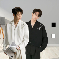 【DL Pakaian Pria】Kemeja Pria Waffle Knit Baju Lengan Panjang bordir daun bambu korean style Oversize