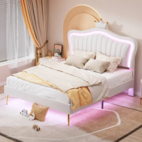 White Queen Size Upholstered Bed Frame with LED Lights,Modern Upholstered Princess Bed With Crown Headboard Easy to assemble