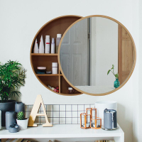 Nordic Bathroom Mirror Cabinet Wall-Mounted Bathroom Mirror with Storage Cabinet Solid Wood round Mirror Bathroom Dressing Mirror Cosmetic Mirror