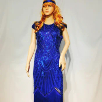 Vintage 1920s Flapper Great Gatsby Dress O-Neck Cap Sleeve Sequin Fringe Party Midi Dress Vestidos Verano Blue Summer Dress