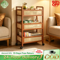 DR.LIFE 3-Tier Bamboo Rattan Storage Trolley with Wheels | Aesthetic Nordic Style Mobile Organizer C