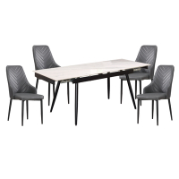 文創集 德斯雅岩板4.7尺可伸縮機能性餐桌皮革餐椅組合(餐椅四色可選＋一桌四椅組合)-140-203x80.5x76.5cm免組