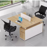 電腦辦公桌組合（雙人位+櫃子+椅子【淺胡桃】）長120cm寬120cm高74cm