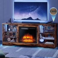 LEMBERI 58 Inches Fireplace TV Stand for TVs up to 65 Inches Console with 18'' Electric Fireplace &amp; Remote, Wooden Modern Entert