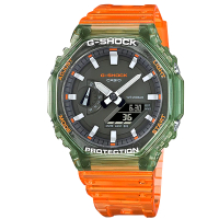 【CASIO 卡西歐】G-SHOCK 秘境海岸 果凍 八角型 雙顯 防水 橡膠手錶 綠x半透明橘色 45mm(GA-2100HC-4A)