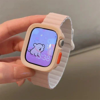 Cute Silicone Strap + Shockproof Case For Apple Watch Band 44 40 45 41 49 MM Girl Magnetic Bracelet For iWatch 9 8 SE 7 6 Bumper