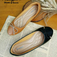 Sepatu Wanita VICKGLOW Pitaloka Flatshoes Kulit Premium Sintetis Hitam/Krem Moca dengan Outsole Kare