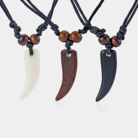 1Pc Immitation Yak Bone Wolf Tooth Charms Pendant Amulet Wood Beads Black Wax Cord Pendant Necklace for Men Women Jewelry