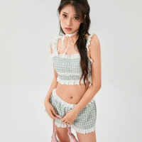 Women s 2 Piece Summer Set Square Neck Lace Trim Crop Adjustable Spaghetti Strap Tops Elastic Waist Plaid Shorts Outfits