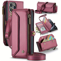 Sarung Kad Dompet Zip, Sarung Telefon Kulit PU Flip, Lanyard Panjang, Untuk iPhone 15, 14, 13, 12, 1