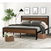 14 Inch King Size Metal Platform Bed Frame with Wooden Headboard and Footboard, Mattress Foundation, No Box Spring