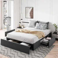 Full-size platform bed frame with 3 storage drawers,fabric upholstery,wooden slats support, no box spring,no noise,easy assembly