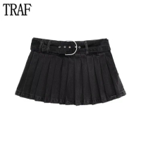 TRAF 2024 Box Pleated Skirt Women Skort Buckle Mid Rise Short Skirts for Women Streetwear Ruched Women's Skirts Belt Mini Skirt