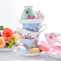 Royal Bone China Flower Tea Cup And Saucer Set Ceramic Coffee British Black Chinese Wedding