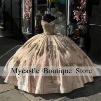 Champagne Lace Appliques Quinceanera Dress 2024 Luxury Beaded Ball Gown Sweet 15 Dress Mexican Dress Vestidos De XV Años
