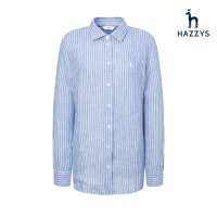 【HAZZYS】女款灰藍色簡約時尚亞麻直條紋襯衫-L