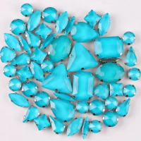 Silver claw settings 50pcs/bag shapes mix jelly candy Blue zircon glass crystal sew on rhinestone for garment shoes bags diy