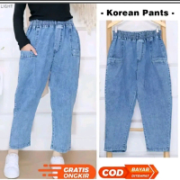 Celana Boyfriend Wanita Korean Jeans Super Jumbo 7/9 Pinggang Karet Big Size Baggy Pants Panjang Sta