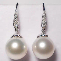 10--11mm white South Sea pearl dangle earrings, diamonds, solid 18k white gold.