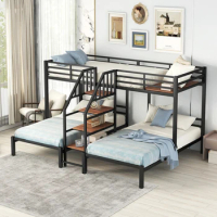 Metal Twin over Twin &amp; Twin Bunk Bed, Triple Bunk Bed with Storage Shelves Staircase, Black
