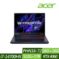 ACER 宏碁 PHN16-72-76MR 16吋電競筆電 (i7-14700HX/RTX4060/16G+16G/512G+1TB PCIe SSD/Win11/特仕版)