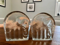 Pair of Vintage Blenko Glass Elephant Bookends designed by Joel Myers MCM