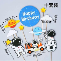 Cake topper Astronot Luar Angkasa/Topper Tusukan Kue Astronot HBD HBD Bulat Biru