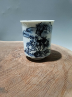日本回流瓷器昭和時期青花山水高筒杯茶杯茶碗，口沿燒制小瑕疵，