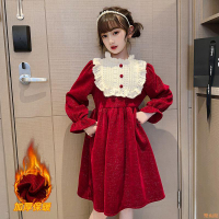 女童連衣裙秋冬款加絨加厚公主裙兒童紅色過年裙子小女孩聖誕衣服冬