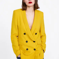 Tesco Fashion Women Suit Blazer Yellow Double Breasted Jacket Autumn Winter Formal Coat Loose Casual Female Suit blazer mujer