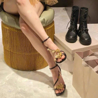 [msp 1733] Giày Cao Gót Hoa Đá Vàng 7p