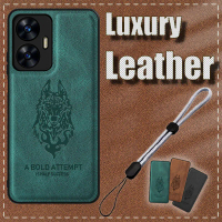 เคสหนังลายหมาป่าสำหรับ Realme C55 RMX3710 พร้อมสายคล้องมือถือแบบปรับได้