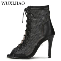 WUXIJIAO Fashion Dance Boots Women's Latin Dance Shoes Professional Ballroom Dance Shoes High-end Custom Leather Black Mesh Boot