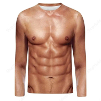 Crewneck Long Sleeve T-shirt 3D Funny Muscle Body Printed T-shirts Slim Oversized T shirt Men Tops U