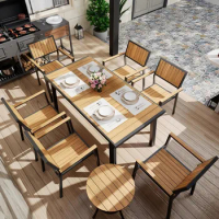 8-Piece Patio Dining Set,Outdoor Aluminum Furniture Set with Plastic-Wood Table Top,with 6 Outdoor Stackable Chairs(Teak)